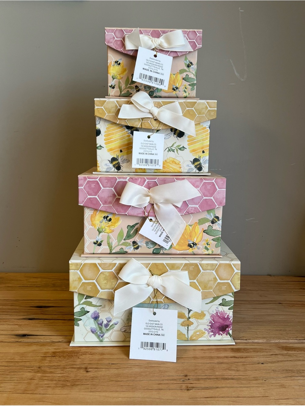 Stackable and nesting storage boxes  with cute floral and bee hive design